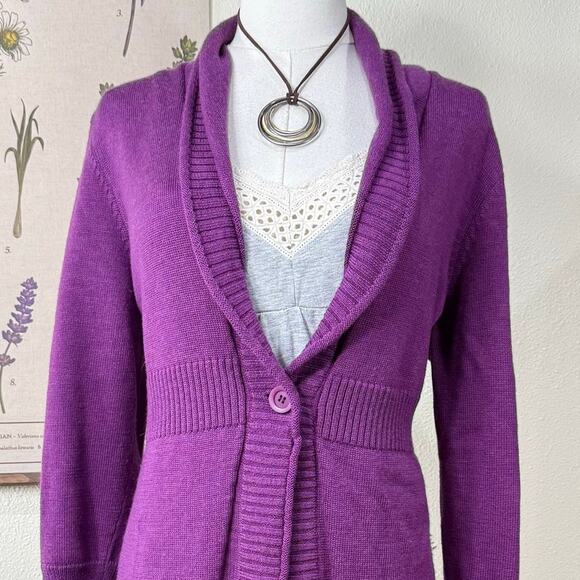 Eileen Fisher Purple Merino Wool One Button Collared Long Cardigan Sweater M - Picture 3 of 8